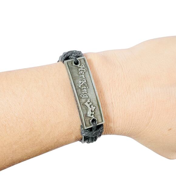 Her King Relationship Bracelet Black Leather Silver Tone Adjustable New - Picture 1 of 5